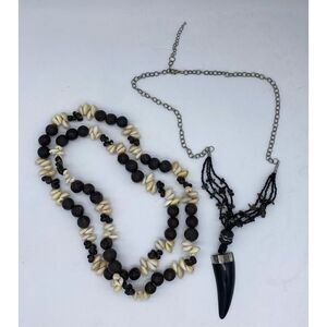 2 necklace set— Black saber tooth necklace and seashell and beaded necklace -
